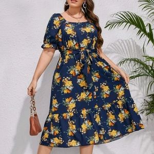 Floral Print Puff Sleeve Ruffle Hem Belted Dress 4x